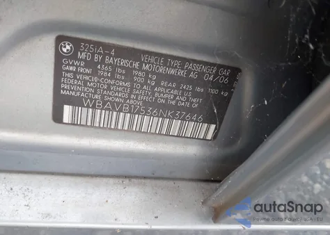 2006 BMW 325I z USA, uszkodzony, nr VIN WBAVB17536NK37646